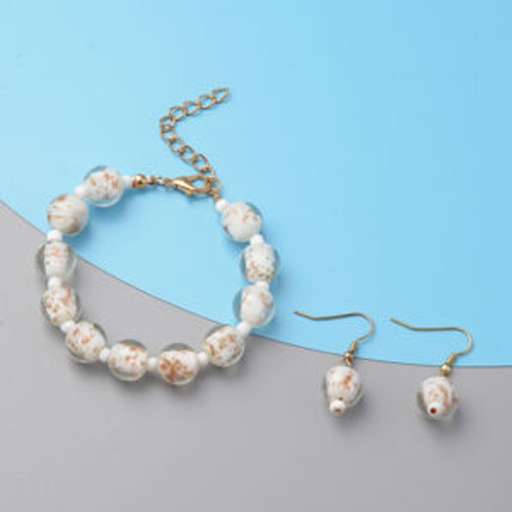 NWOT White Colored Glass Adjustable Bracelet and Earrings in Goldtone